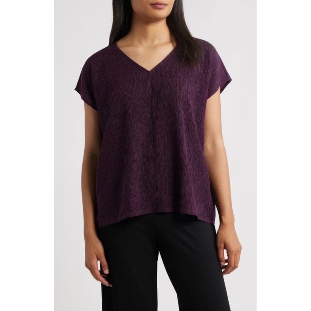 Eileen Fisher Crinkle Top Size XL V Neck Textured Purple Minimalist Boxy Casual